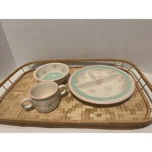 M. Bagwell Baby Plate & Cup Set Ceramic Pink Green Polka Dot Flower Shower Gift